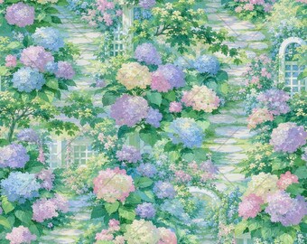 Watercolor Hydrangea Garden Seamless Pattern JPG, Cottagecore Floral Fabric Design, Stone Path Trellis (Digital Download)
