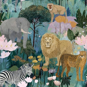 May include: A vibrant illustration of a jungle scene featuring an elephant, lion, cheetah, zebra, and monkey. The artwork is filled with lush greenery, colorful flowers, and a variety of plants. The color palette includes shades of green, blue, yellow, and pink.