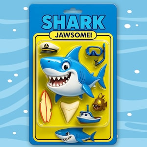 Shark Action Figure, Shark Toy Box, Cute Shark, Shark Tooth, Captain&#39;s Hat, Surfboard, Digital Action Figure, Digital Art, Digital Download
