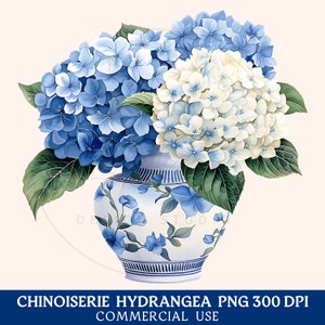 Może przedstawiać: Niebiesko-biały wazon z porcelany z kwiatowym wzorem, wypełniony niebieskimi i białymi hortensjami.
