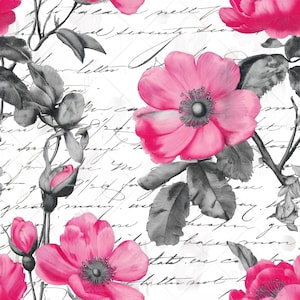 Könnte beinhalten: Nahtloses Muster mit leuchtend rosa Blüten, grauen Blättern und Stielen auf weißem Hintergrund. Das Design enthält handschriftlichen Text und erzeugt eine Vintage-Blumenästhetik. Die Blumen stehen im Mittelpunkt, mit detaillierten Blütenblättern und Zentren.