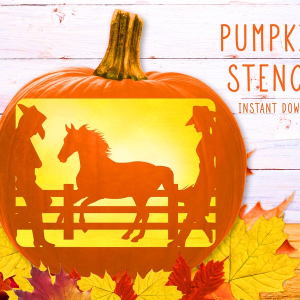 Cowboy Pumpkin Stencil, Cowgirl Printable Stencil, Horse Pumpkin Carving Template, Western Jack O' Lantern, Horse Ranch, Halloween Decor