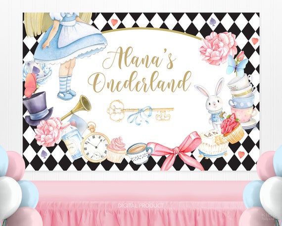 Birthday Party Set, Personalized Alice in Wonderland Backdrop