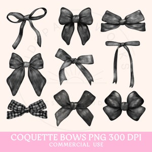 May include: Set of nine black and white watercolor bows. The bows are in various styles and sizes.  Coquette Bows PNG 300 DPI Commercial Use.