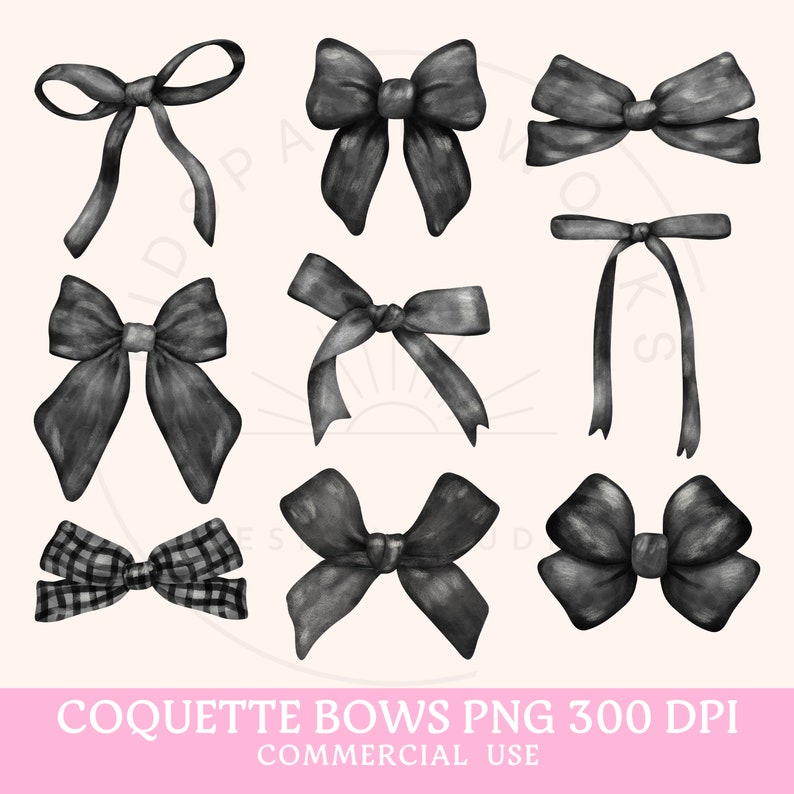 May include: Set of nine black and white watercolor bows. The bows are in various styles and sizes.  Coquette Bows PNG 300 DPI Commercial Use.