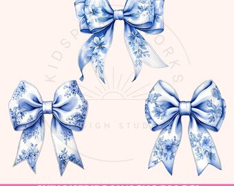 Coquette Bow PNG, Chinoiserie Bow Png, Chinoiserie Png, Coquette Bow Clipart, Grandmillennial Blue Willow, Blue And White Bow PNG, Digital
