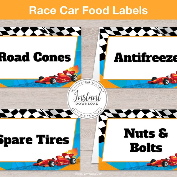 Race Car Food Labels, Racing Birthday Party, Party Supplies, Race Car Food Tents, Food Tent Cards, Editable, DIY Printable, Decoration