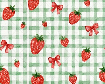 Watercolor Strawberry Seamless Pattern, Green Gingham Digital Paper Design with Red Coquette Bows