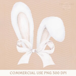 Bunny PNG, Coquette Easter, White Bunny Ears, Watercolor Easter Bunny, Clipart, Easter Sublimation, Happy Easter PNG, White Bow, Rabbit Png