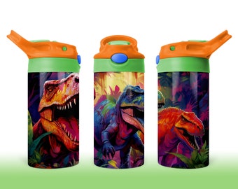 Dinosaur 12oz Kids Flip Top Sippy Cup Tumbler Wrap, 12oz Straight Tumbler Sublimation PNG, Childrens Dino Tumbler Wrap Design PNG, T-Rex Png