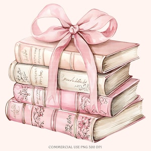 May include: A stack of four pink books tied with a matching pink ribbon. The books have decorative floral and script details. The image has a watercolor style and a soft, romantic aesthetic.