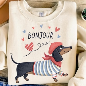 Dackel PNG Bonjour Paris Png Dackel Shirt Png, Dackel Paris Vintage Hund Lustig französischer Hundemama Hemd Kaffeehund Dackel Doxie Hund Png