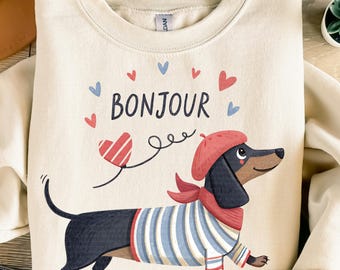 Jamnik PNG Bonjour Paris Png Dachshund Shirt Png, Dachshund Paris Vintage Dog Funny French Dog Mom Shirt Coffee Dog Wiener Doxie Dog Png