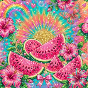 May include: A vibrant, colorful illustration featuring watermelon slices, hibiscus flowers, a rainbow, and a butterfly. The background has a tie-dye effect with a golden sunburst, hearts, and stars, creating a whimsical summer theme.
