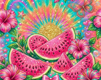 Watermelon Floral Seamless Pattern JPG, Hibiscus Flowers Tropical Summer Vibes, Preppy Fruit Digital Paper, Trendy Digital Download
