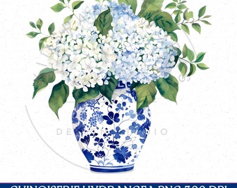 May include: A blue and white porcelain vase with a floral pattern, filled with a bouquet of white and blue hydrangeas.