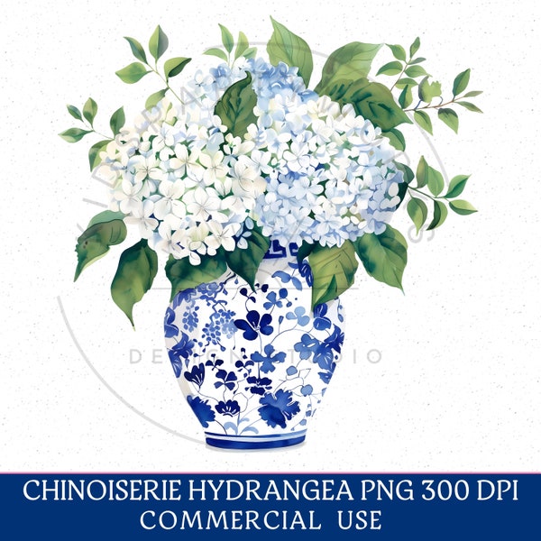 Chinoiserie PNG, Chinoiserie Hydrangea PNG Clipart, Chinoiserie Ginger Jar, Vintage Floral Watercolor, Grandmillennial, Blue Willow Style