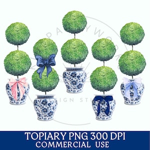 May include: Nine topiary trees in blue and white ceramic pots with blue, pink, and white bows. The topiary trees are round and green. The pots have a floral design.