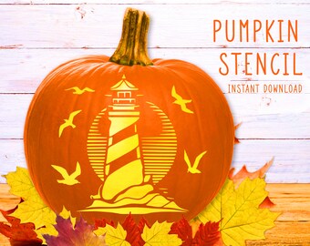 Lighthouse Pumpkin Stencil, Pumpkin Stencil, Lighthouse Seagulls Pumpkin Carving Stencil, Printable Halloween Template, Instant Download
