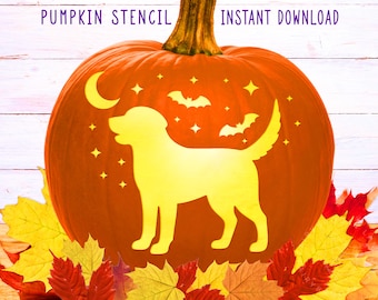 May include: An orange pumpkin stencil design with a dog silhouette, crescent moon, stars, and bats. The words "PUMPKIN STENCIL" and "INSTANT DOWNLOAD" are at the top. Autumn leaves are at the bottom.