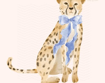 Leopardo PNG, Stampa leopardo PNG, Coquette PNG, Clipart leopardo, Fiocco blu PNG, Clip art ghepardo acquerello, Maglietta leopardo Coquette Sublimazione