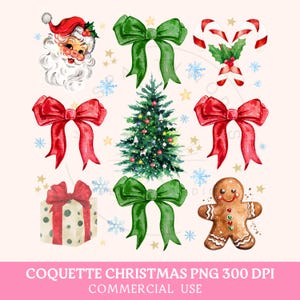May include: Watercolor Christmas-themed digital art featuring Santa Claus, bows, candy canes, a Christmas tree, a gift box, a gingerbread man, snowflakes, and stars. The text at the bottom reads "COQUETTE CHRISTMAS PNG 300 DPI COMMERCIAL USE."