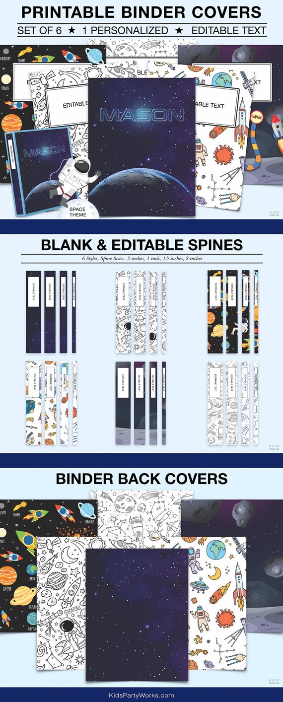 Kids Printable BINDER COVERS, Outer Space Binder Covers, 1 Personalized Cover, Kids School Binder Covers, Astronaut Binder Cover, Set of 6 Il_570xn
