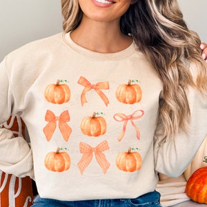 May include: A beige sweatshirt featuring a design of orange pumpkins and peach-coloured bows. The pumpkins have green stems and leaves. The bows are tied in a knot and have a checkered pattern.