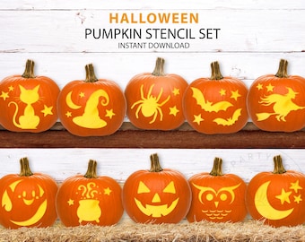 Halloween Pumpkin Stencil Set, Fun Stencils For Kids, Witch Pumpkin Stencil, Family-Friendly Printable Halloween Pumpkin Carving Template