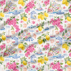 May include: A repeating pattern featuring a coastal Italian scene with lemons, pink bougainvillea, sailboats, and seaside villas. Blue and white striped umbrellas and seashell accents complete the design on a white background.