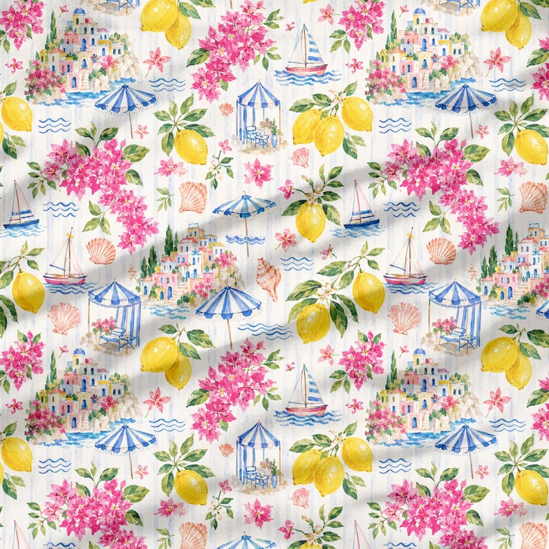 May include: A repeating pattern featuring a coastal Italian scene with lemons, pink bougainvillea, sailboats, and seaside villas. Blue and white striped umbrellas and seashell accents complete the design on a white background.