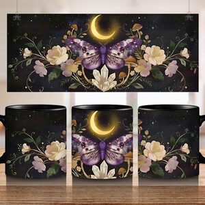 May include: Black ceramic coffee mugs with a celestial design featuring a purple butterfly, crescent moon, crystals, and flowers. The background is a starry night sky. The mugs are displayed with a matching wall art.
