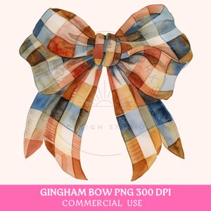 Pu&ograve; includere: Un'illustrazione ad acquerello di un grande fiocco gingham con un motivo a quadri blu, arancio e marrone. Il fiocco &egrave; annodato e ha due code lunghe.