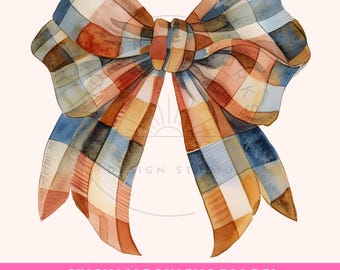 Może przedstawiać: Aquarela przedstawiająca dużą kokardę w kratę gingham w kolorze niebieskim, pomarańczowym i brązowym. Kokarda jest zawiązana w supeł i ma dwa długie końce.