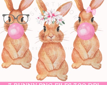 Funny Bunny PNG, Bubble Gum Bunny, Watercolor Easter Bunny, Bunny Clipart, Sublimation, Coquette Easter, Happy Easter PNG, Pink Bow, Preppy