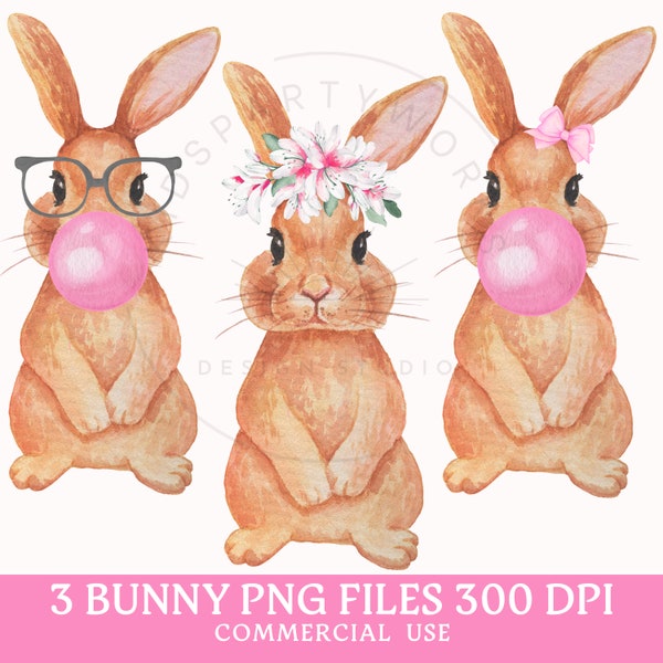 Funny Bunny PNG, Bubble Gum Bunny, Watercolor Easter Bunny, Bunny Clipart, Sublimation, Coquette Easter, Happy Easter PNG, Pink Bow, Preppy