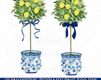 Topiario de limón chinoiserie, PNG chinoiserie, Clipart de topiario, Tarro de jengibre chinoiserie, Sauce azul Grandmillennial, Lazo azul acuarela PNG