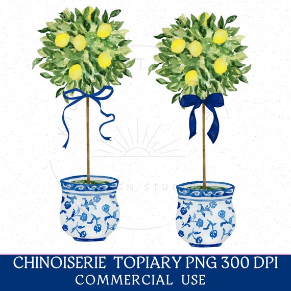 Chinoiserie Lemon Topiary, Chinoiserie PNG, Topiary Clipart, Chinoiserie Ginger Jar, Grandmillennial Blue Willow, Watercolor Blue Bow PNG