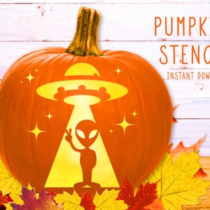 Alien Pumpkin Stencil, UFO Printable Stencil, Jack O' Lantern, Pumpkin Carving Template, Alien Spaceship, Halloween Pattern Instant Download