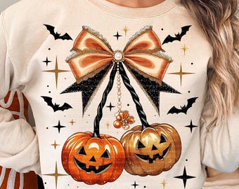 Pumpkin Cherries Png, Cherry Pumpkin Season Png, Fall Vibes Coquette Bow Sublimation Design, Girly Halloween Digital Download