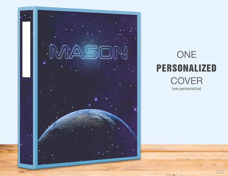 May include: A personalized binder with a space-themed design. The cover features the name "MASON" in a glowing blue font against a backdrop of a starry night sky and a planet. The text "ONE PERSONALIZED COVER" is also displayed.
