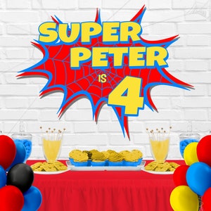 Superhero Backdrop, Superhero Background, Party Decorations, Word Bubble, Kids Personalized Sign, Large 49&quot;x37&quot; Digital File
