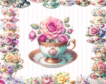 Floral Teetassen Clipart, Teetasse Clip Art, Floral Tee-Set viktorianischen druckbare Aquarell Clipart Blumen Teetasse digitaler Download Junk Journal