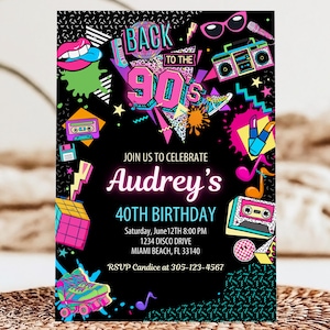 Editable 90s Birthday Party Invitation Back To The 90&#39;s Retro Y2K Dance Disco Invite Take Me Back Nostalgic Instant Download Canva Template