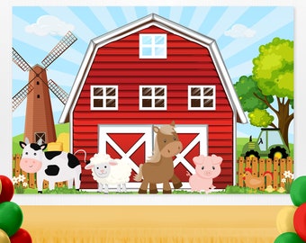 Pode incluir: Um celeiro vermelho com janelas brancas e uma porta branca em forma de X. Há animais de fazenda na frente do celeiro, incluindo uma vaca, uma ovelha, um cavalo, um porco e uma galinha. Há um trator verde no fundo.