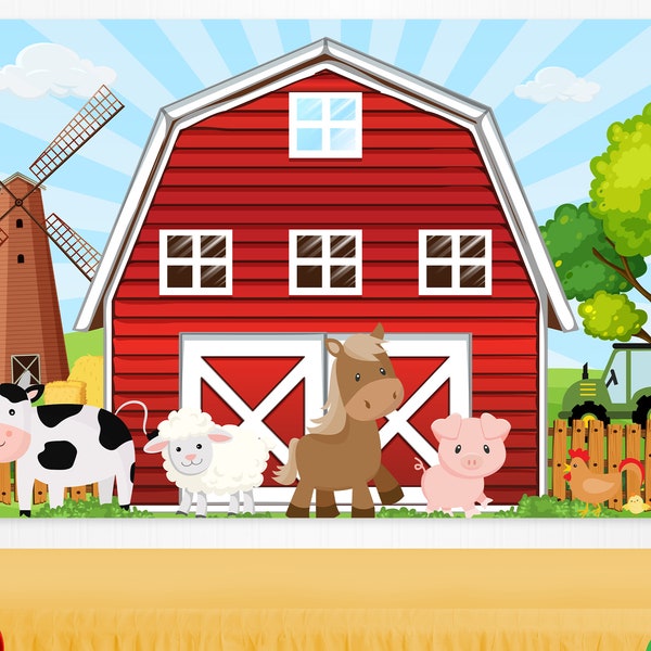 Farm Red Barn Birthday Backdrop, Kids Birthday Party Banner Decorations, Farm Animals Photography Background, Instant Download, YOU PRINT