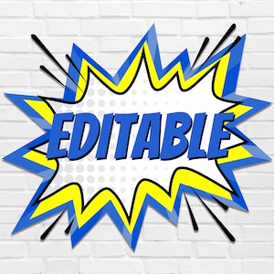 Puede incluir: Un globo de diálogo de estilo cómic azul y amarillo con la palabra "EDITABLE" en letras azules en negrita.