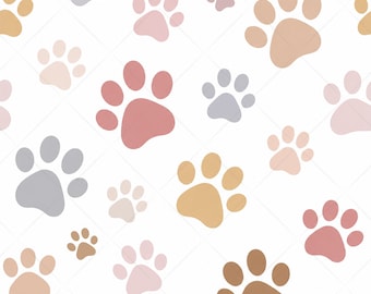Paw Print Seamless Pattern JPG, Pastel Dog Paw Prints, Nursery Kids Fabric Design Pet Background Digital Download