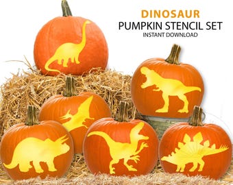 Dinosaur Pumpkin Stencil Set, Dino Pumpkin Carving Stencil, Printable Halloween Pumpkin Carving Template, T-Rex Triceratops Instant Download