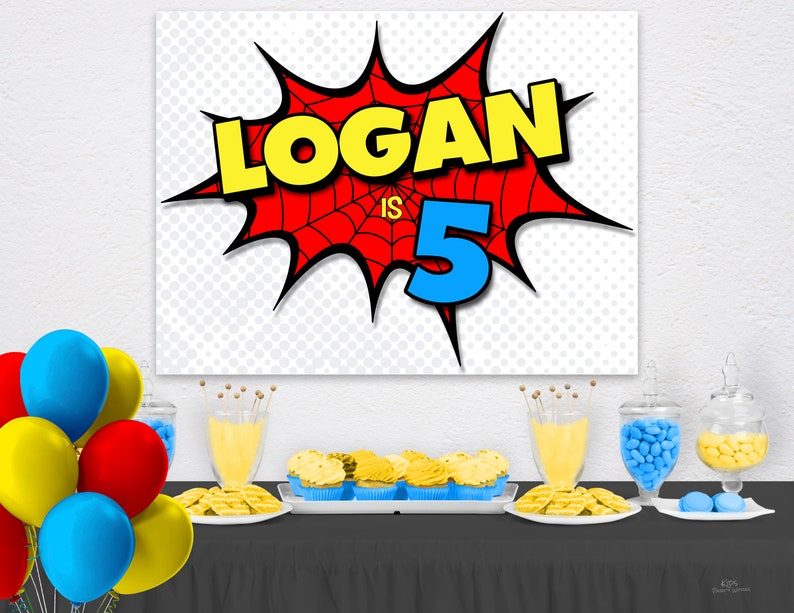 Superhero Backdrop, Superhero Background, Party Decorations, Word Bubble, Kids Personalized Sign, Large 49x37 Digital File image 4